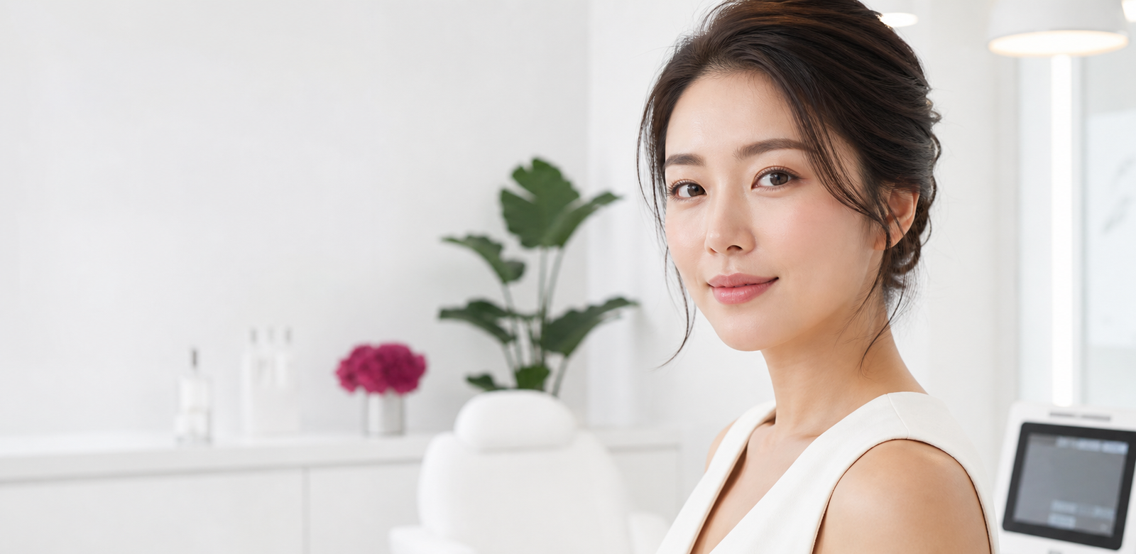Asian woman in a refined aesthetic clinic setting