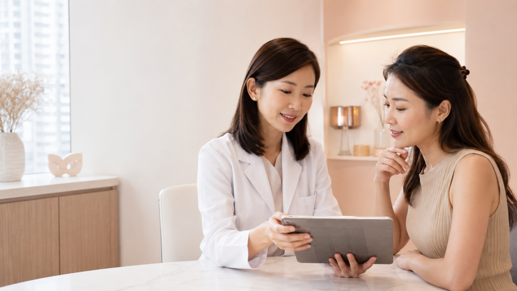 Doctor discussing safer aesthetic planning with a patient during a consultation
