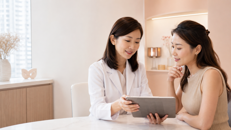 Doctor discussing safer aesthetic planning with a patient during a consultation