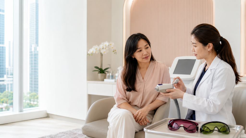 Doctor explaining a laser device and protective eyewear to an adult patient during a consultation.